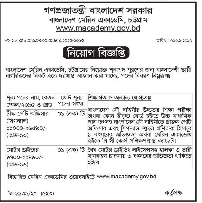 Govt job bd in Bangladesh Marine Academy